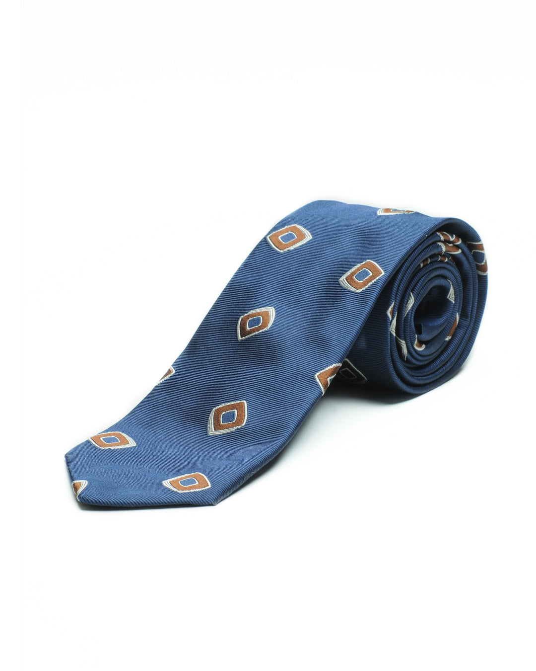 Cravatta jacquard motivo geometrico navy, avorio e tabacco