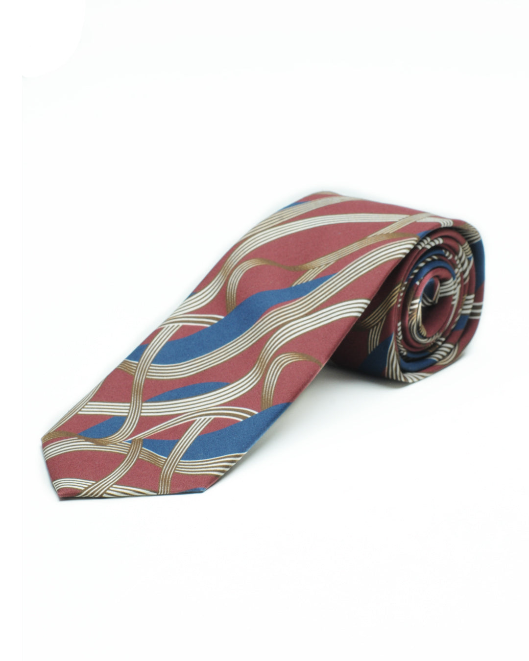 Cravatta stampata geometrico anni 70 bordeaux, tabacco e navy