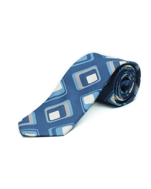 Cravatta stampata maxi geometrico navy, azzurro e taupe